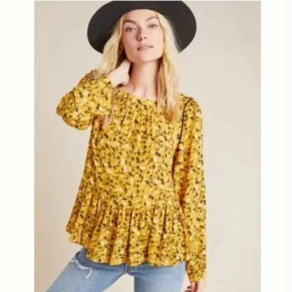 Anthropologie Maeve Yellow Floral Cheyenne Peplum Long Sleeve XS